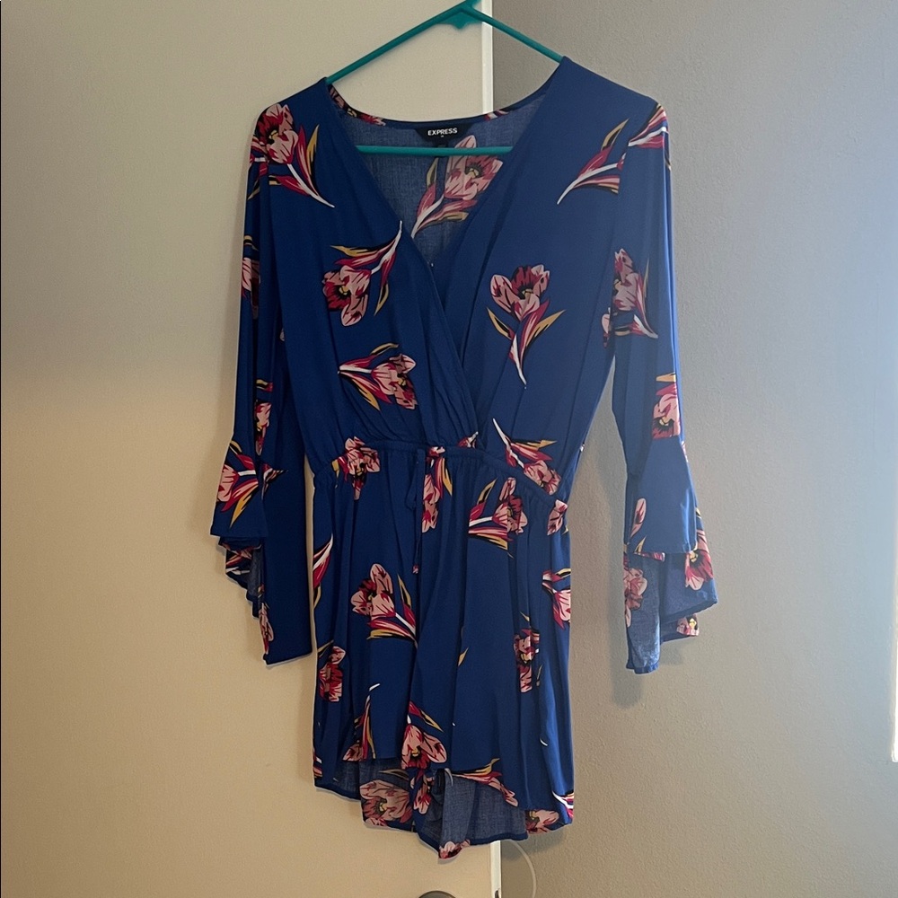 Express Blue Floral Romper with Ruffle Sleeves